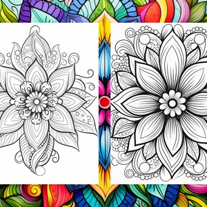 May include: Two black and white line drawings of intricate floral mandalas. The mandalas are symmetrical and feature detailed patterns of leaves, petals, and swirls.