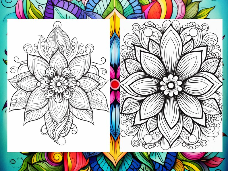 May include: Two black and white line drawings of intricate floral mandalas. The mandalas are symmetrical and feature detailed patterns of leaves, petals, and swirls.