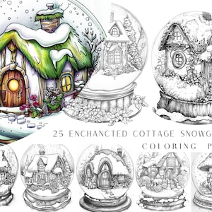 May include: 25 Enchanted Cottage Snowglobe Coloring Pages. A collection of black and white illustrations of snow globes featuring charming cottages with snow-covered roofs, windows, and doors. Each snow globe is surrounded by a decorative base.