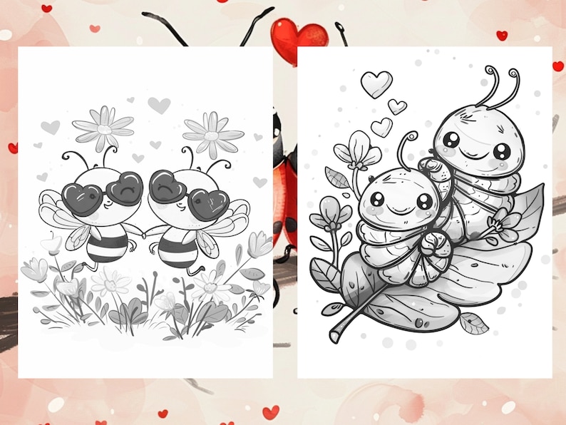 May include: A black and white illustration of two bees wearing heart-shaped sunglasses, holding hands, and surrounded by flowers. The bees are in a field of flowers.