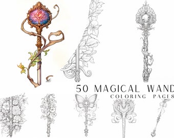 50 Magical Wand Coloring Pages - Adult And Kids Coloring Book, Fantasy Coloring Sheets, Instant Download, Printable PDF File.