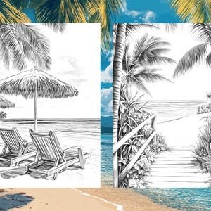 May include: Two black and white line drawings of tropical beach scenes. The first image shows two lounge chairs under a thatched umbrella on a beach with palm trees. The second image shows a wooden walkway leading to a beach with palm trees.