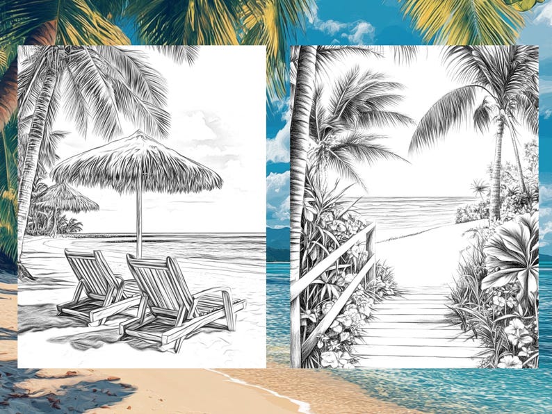 May include: Two black and white line drawings of tropical beach scenes. The first image shows two lounge chairs under a thatched umbrella on a beach with palm trees. The second image shows a wooden walkway leading to a beach with palm trees.