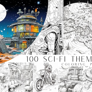 100 Sci-fi Theme Coloring Pages - Kids And Adult Coloring Book, Grayscale Coloring Page, Instant Download, Printable PDF File