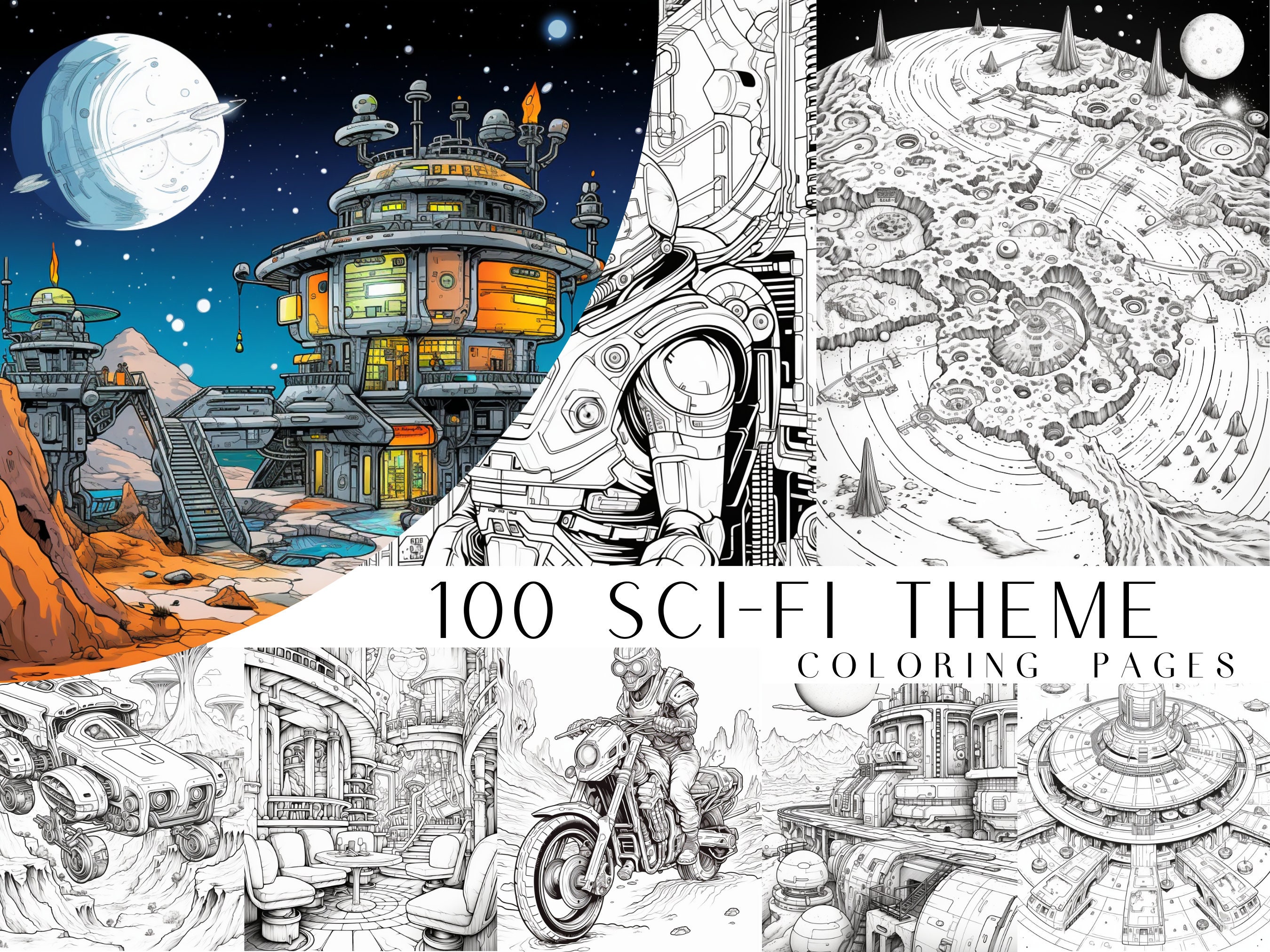 100 Sci-fi Theme Coloring Pages - Kids And Adult Coloring Book, Grayscale Coloring Page, Instant Download, Printable PDF File