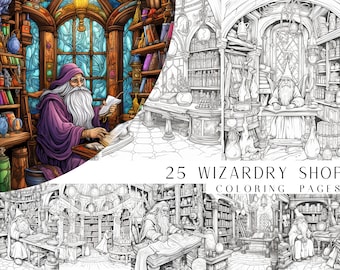 Pode incluir: Uma ilustração em preto e branco de uma loja de magia com prateleiras cheias de poções, livros e outros itens mágicos. O mago está sentado a uma mesa, trabalhando em um livro de feitiços. O texto "25 Wizardry Shop Coloring Pages" está na parte inferior da imagem.