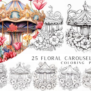 Könnte beinhalten: 25 Blumenkarussell-Malvorlagen. Ein Set von Malvorlagen mit einem Karussell mit floralen Details. Das Karussell ist von Blumen und Blättern umgeben. Die Seiten sind schwarzweiß und zum Ausmalen bereit.