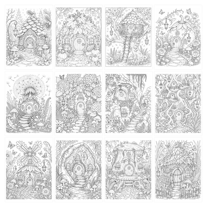200 Enchanted Fairy Home Coloring Pages, Mushroom Cottage Designs (Light Dark) image 20