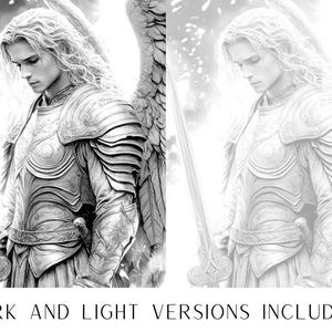 May include: A black and white illustration of an angel with wings, wearing armor and holding a sword. The angel has long hair and a serious expression.