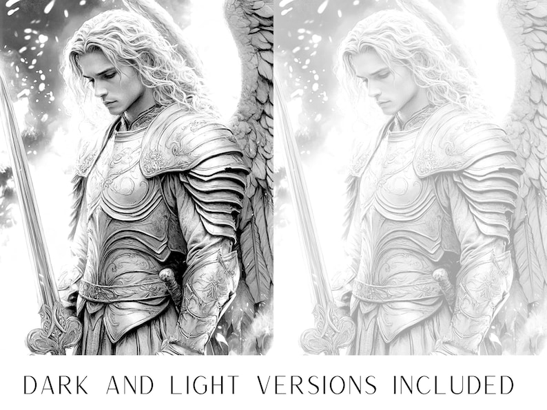 May include: A black and white illustration of an angel with wings, wearing armor and holding a sword. The angel has long hair and a serious expression.