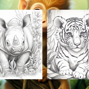 Puede incluir: Un dibujo en blanco y negro de un rinoceronte y un cachorro de tigre. Ambos animales est&aacute;n rodeados de follaje.