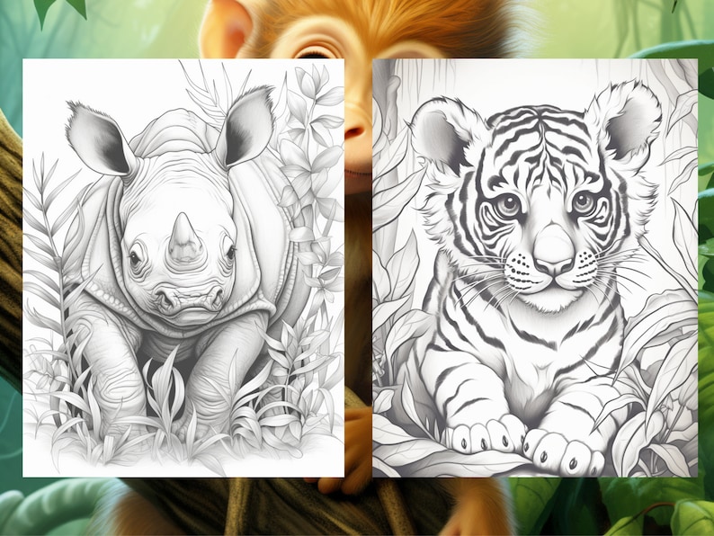 Puede incluir: Un dibujo en blanco y negro de un rinoceronte y un cachorro de tigre. Ambos animales est&aacute;n rodeados de follaje.