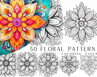 50 páginas para colorear con estampados florales: libro para colorear para adultos, hojas para colorear de atención plena, descarga instantánea, archivo PDF imprimible.