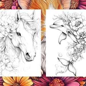 May include: Two black and white line drawings of animals with floral accents. The first image is a horse's head with flowers around its mane. The second image is a dolphin with flowers around its body.