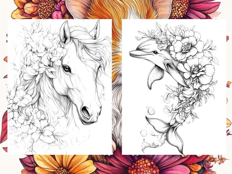 May include: Two black and white line drawings of animals with floral accents. The first image is a horse's head with flowers around its mane. The second image is a dolphin with flowers around its body.