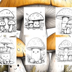 May include: A set of eight black and white illustrations of mushrooms with cute faces. The mushrooms are drawn in a cartoon style and have different shapes and sizes. Some of the mushrooms are grouped together, while others are alone. The illustrations are perfect for coloring pages, greeting cards, or other creative projects.