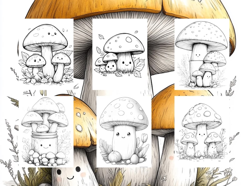May include: A set of eight black and white illustrations of mushrooms with cute faces. The mushrooms are drawn in a cartoon style and have different shapes and sizes. Some of the mushrooms are grouped together, while others are alone. The illustrations are perfect for coloring pages, greeting cards, or other creative projects.