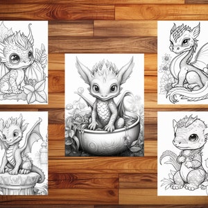 May include: A set of five black and white coloring pages featuring cute cartoon dragons in various poses. Each dragon has large eyes, a small snout, and a whimsical design. The dragons are surrounded by flowers, leaves, and other decorative elements.