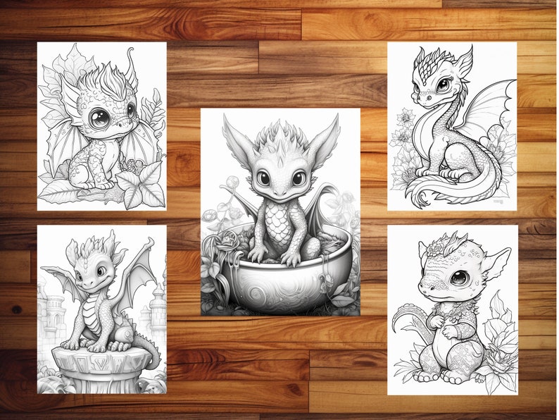 May include: A set of five black and white coloring pages featuring cute cartoon dragons in various poses. Each dragon has large eyes, a small snout, and a whimsical design. The dragons are surrounded by flowers, leaves, and other decorative elements.