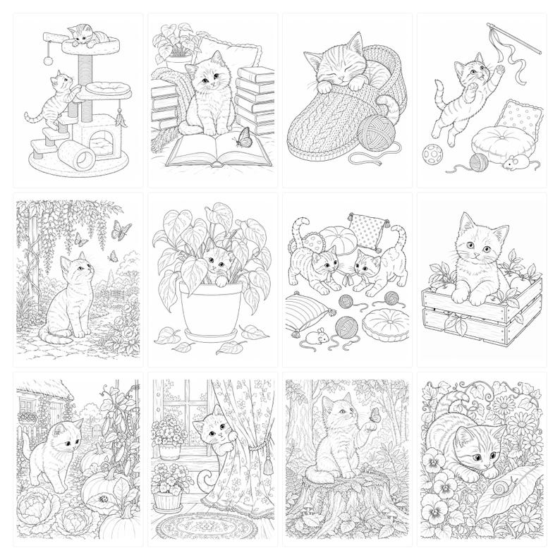 May include: A collection of twelve black and white line art illustrations featuring kittens in various settings, including a cat tree, a library, a garden, and playing with yarn. Each rectangular panel depicts a different scene with cats.