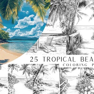 May include: 25 Tropical Beach Coloring Pages. Black and white illustrations of palm trees, beaches, and wooden walkways. Perfect for adults and children who enjoy coloring.