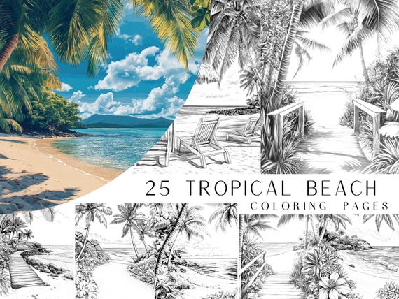25 Tropical Beach Coloring Pages - Adult And Kids Coloring Book, Coloring Sheets, Greyscale, Instant Download, Printable PDF File.