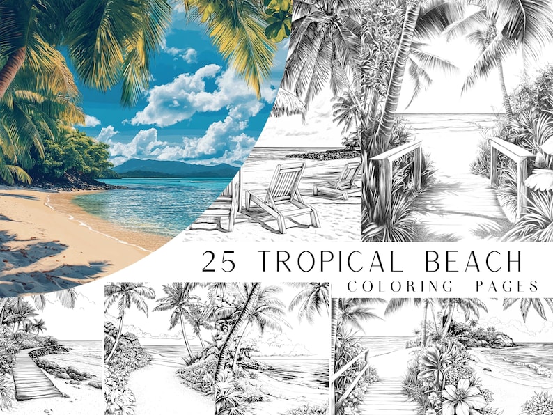 May include: 25 Tropical Beach Coloring Pages. Black and white illustrations of palm trees, beaches, and wooden walkways. Perfect for adults and children who enjoy coloring.