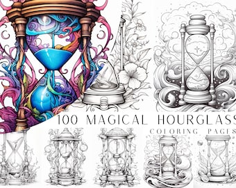 May include: A collection of 100 Magical Hourglass Coloring Pages. The image features a colorful, detailed hourglass with blue, purple, and pink accents. Additional hourglass designs are shown in black and white, with intricate details and decorative elements.