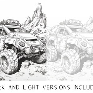 May include: A black and white line drawing of a futuristic vehicle with large wheels and a detailed design. The vehicle is set against a backdrop of a rocky, mountainous landscape.