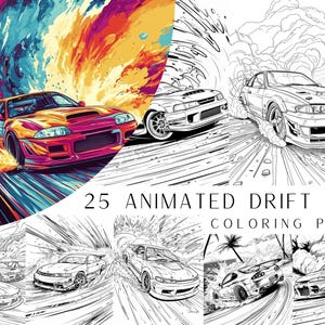 25 animierte Drift Auto Malseiten - Malbuch für Kinder und Erwachsene, Graustufen, Auto ausmalen, sofortiger Download, druckbare PDF-Datei