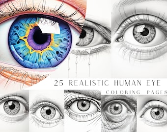 25 Realistic Human Eye Coloring Pages - Adult And Kids Coloring Book, Realisim Coloring Sheets, Instant Download, Printable PDF File.