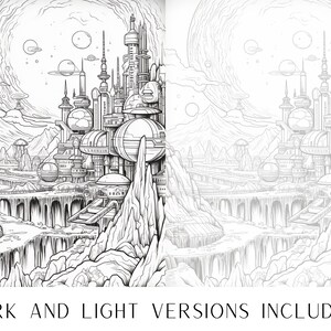 May include: A black and white line drawing of a futuristic city with tall buildings, a bridge, and mountains in the background. The city is surrounded by a large, round object, possibly a moon or planet.