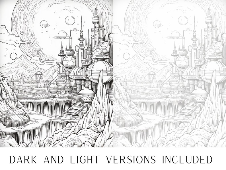 May include: A black and white line drawing of a futuristic city with tall buildings, a bridge, and mountains in the background. The city is surrounded by a large, round object, possibly a moon or planet.