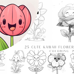 25 schattige kawaii kleurplaten bloem - kleurboek voor volwassenen en kinderen, kawaii kleurplaten, direct downloaden, afdrukbaar pdf-bestand.