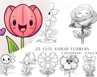 25 Cute Kawaii Flower Coloring Pages - Adult And Kids Coloring Book, Kawaii Coloring Sheets, Instant Download, Printable PDF File.