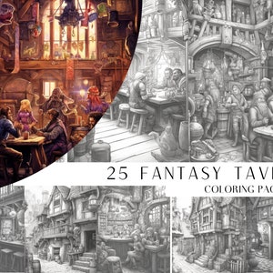 May include: A black and white illustration of a fantasy tavern interior with patrons sitting at tables and a bar. The tavern is filled with details like barrels, mugs, and hanging lanterns. The text "25 FANTASY TAVERN COLORING PAGES" is at the bottom of the image.