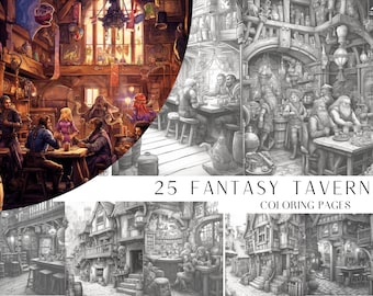 25 Fantasy Tavern Coloring Pages - Adults Coloring Book, Greyscale, Coloring Sheets, Instant Download, Printable PDF File.