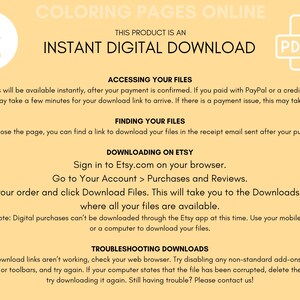 May include: A yellow and white graphic with the text "Coloring Pages Online" and "Instant Digital Download" in black text. The graphic also includes a download arrow icon and a PDF icon. The text explains how to access and download digital files purchased on Etsy.