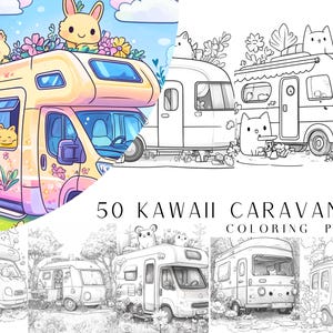 May include: 50 Kawaii Caravans Coloring Pages. A set of colouring pages featuring cute cartoon caravans with animal characters on top. The caravans are decorated with flowers and hearts. The colouring pages are perfect for kids and adults who love to colour.