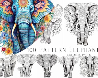 100 Patterned Elephant Coloring Pages - Adults And Kids Coloring Book, Digital Coloring Sheets, Instant Download, Printable PDF File.