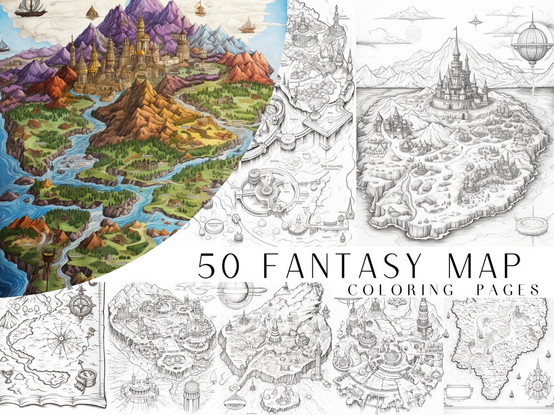 50 Fantasy Map Coloring Pages Adult and Kids Coloring Book, Fantasy