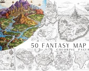 50 Fantasy Map Coloring Pages - Adult And Kids Coloring Book, Fantasy Coloring Sheets, Instant Download, Printable PDF File.