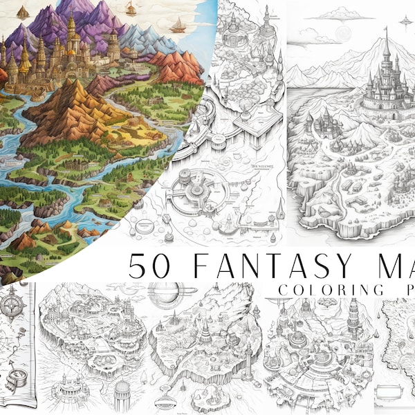 50 Fantasy Map Coloring Pages - Adult And Kids Coloring Book, Fantasy Coloring Sheets, Instant Download, Printable PDF File.