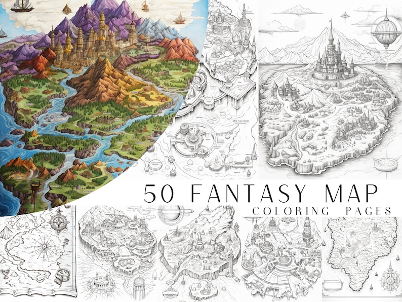May include: A collection of 50 fantasy map coloring pages. The pages feature detailed black and white illustrations of islands, castles, mountains, and other fantasy elements.  The maps are perfect for coloring and creating your own fantasy worlds.