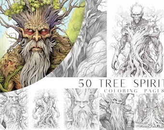 May include: A set of 50 colouring pages featuring tree spirits. The images are in black and white and depict various tree spirits with intricate details. The text "50 Tree Spirit Coloring Pages" is displayed at the bottom of the image.