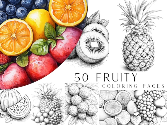 75 Fruity Coloring Pages - Adult And Kids Coloring Book, Fruit Coloring Sheets, Instant Download, Printable PDF File.