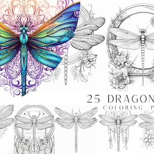 25 Dragonfly Coloring Pages - Adults Coloring Book, Greyscale, Digital Coloring Sheets, Instant Download, Printable PDF File.
