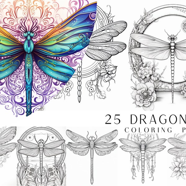 25 Dragonfly Coloring Pages - Adults Coloring Book, Greyscale, Digital Coloring Sheets, Instant Download, Printable PDF File.