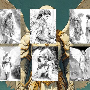 May include: A black and white illustration of six angels with wings, each with a different pose and expression. The angels are wearing armor and holding swords. The illustration is in a collage style, with each angel in a separate frame.