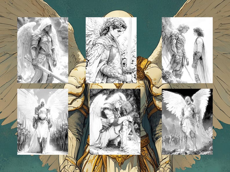 May include: A black and white illustration of six angels with wings, each with a different pose and expression. The angels are wearing armor and holding swords. The illustration is in a collage style, with each angel in a separate frame.